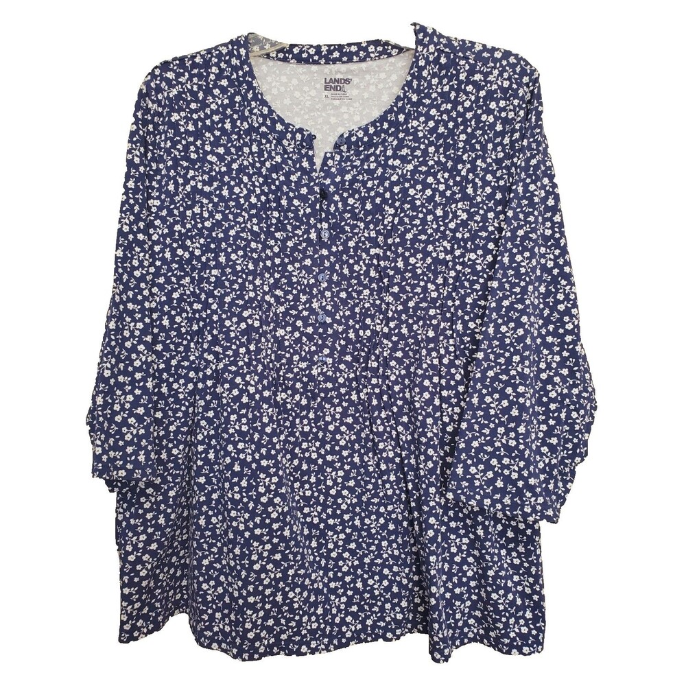 Lands' End Cotton Blend Blue Floral Pintucked Henley Tunic Size XL